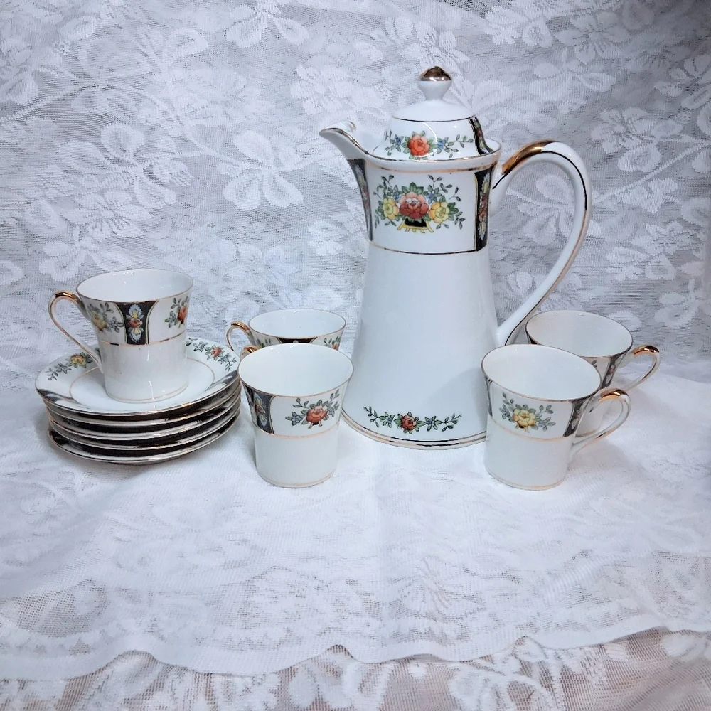 Antique Noritake Coffee Or Chocolate Pot And Service For Five Floral